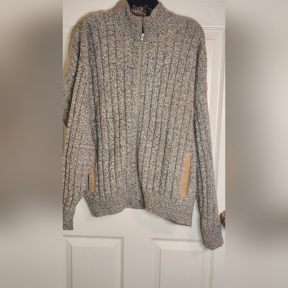 Vtg Orvis L Gray USA Knit FullZipp Pockets Elbow Patches WOOL Blend Men Sweater
